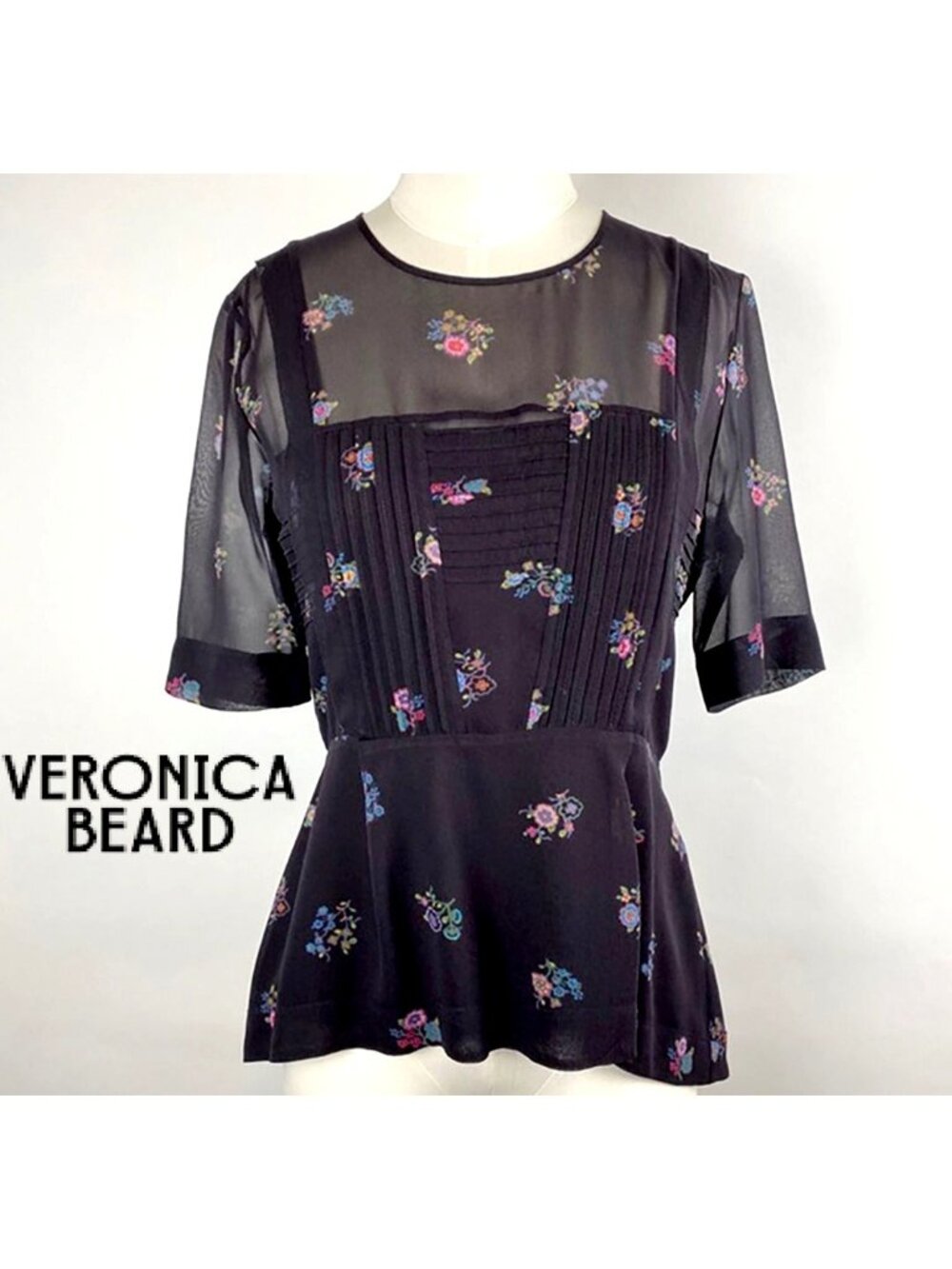 VERONICA BEARD Silk dark floral blouse,sheer with pleating, peplum, S2